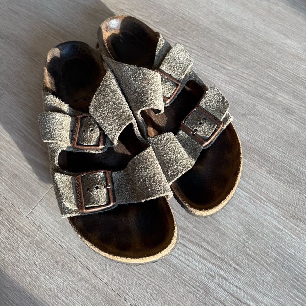 Birkenstock Suede Double Strap Sandals in Olive Green with Brown Footbed